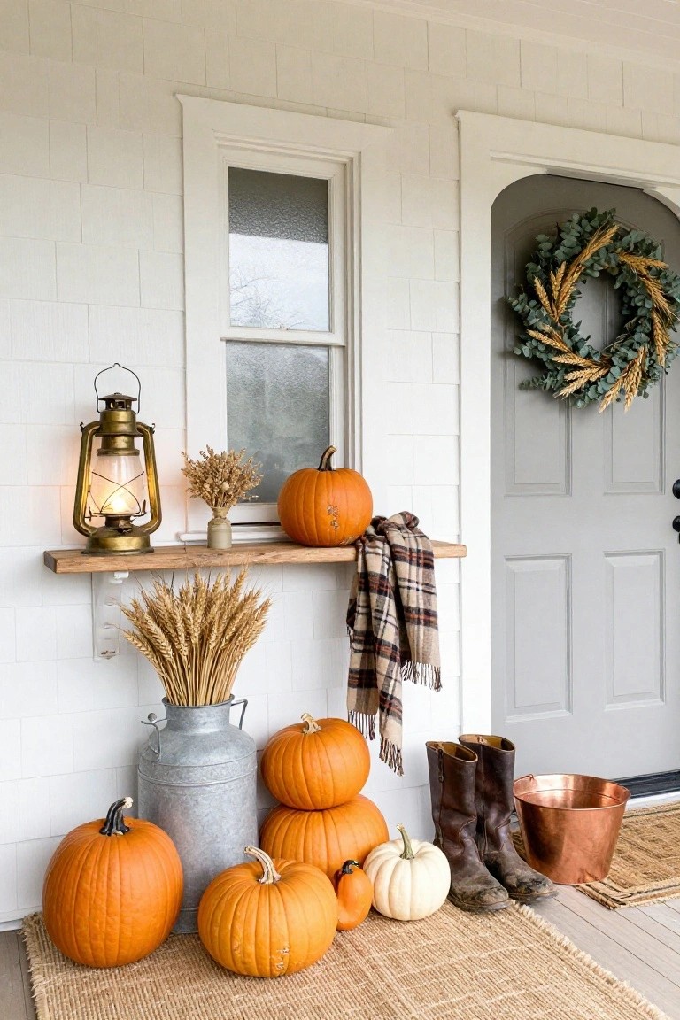 White shiplap exterior of house front porch with gray arched door and green eucalyptus wheat wreath, wooden shelf holding brass lantern dried wheat bundle plaid scarf and pumpkin, galvanized bucket surrounded by orange and white pumpkins next to brown leather boots copper bucket and seagrass mat on porch floor