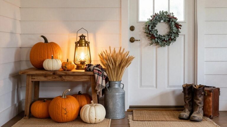 White shiplap exterior of house front porch with gray arched door and green eucalyptus wheat wreath, wooden shelf holding brass lantern dried wheat bundle plaid scarf and pumpkin, galvanized bucket surrounded by orange and white pumpkins next to brown leather boots copper bucket and seagrass mat on porch floor