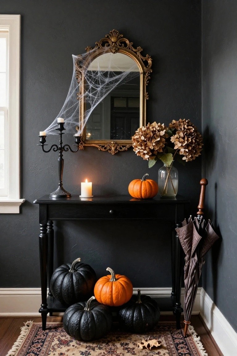 Dark-painted entryway corner with black console table holding black and orange pumpkins, white candle, glass vase of dried hydrangeas; ornate gold mirror draped in spider webs above, black candelabra nearby, wooden umbrella stand, and Persian rug on wood floor.