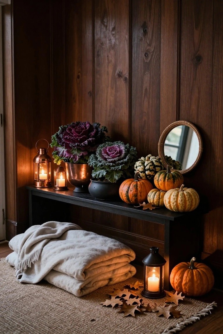 Dark wood-paneled wall with black bench holding potted purple kale, assorted pumpkins, and copper lanterns; gray throw blanket draped on floor beside black lantern, pumpkin, and scattered leaves on jute rug.