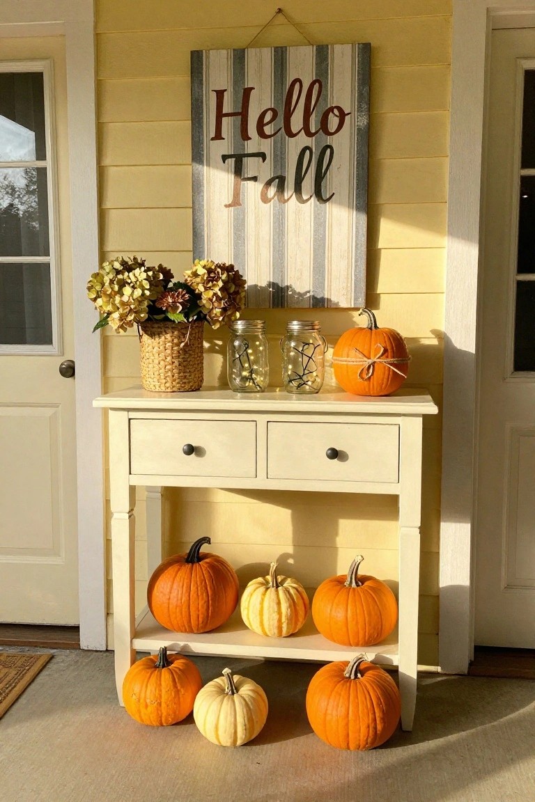 Yellow house exterior featuring double front doors flanking a white two-drawer console table on the porch, topped and shelved with assorted orange and white pumpkins, mason jars with fairy lights, a wicker basket of hydrangeas, and a striped wood sign reading 