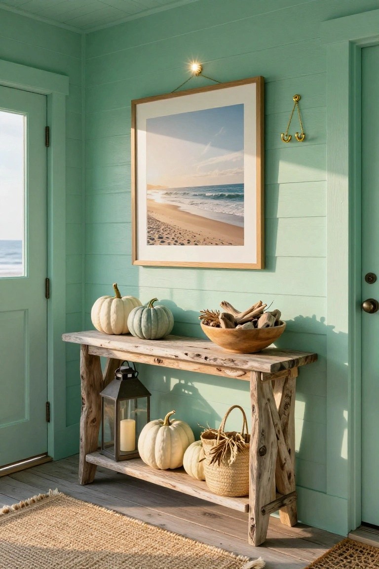 Mint green shiplap-walled entryway corner featuring a rustic wooden console table with white and pale pumpkins, metal lantern, woven basket, driftwood-filled bowl, and a framed beach sunset photo beside glass doors.