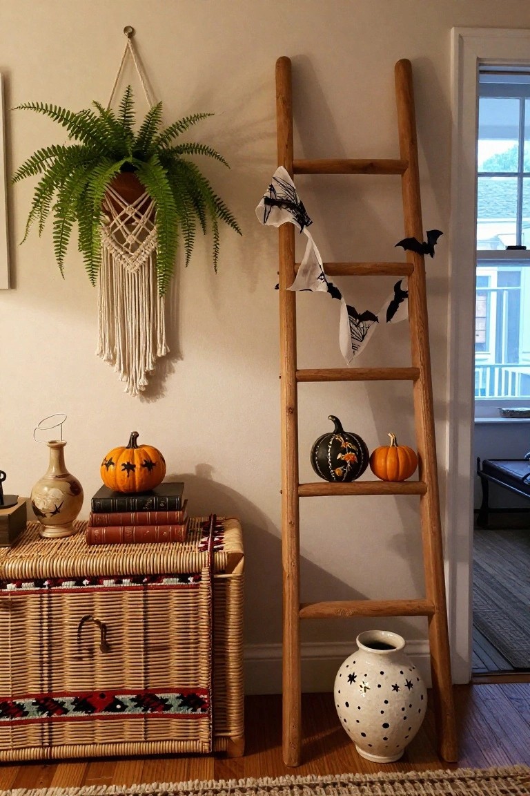 Tall wooden ladder shelf in a light beige indoor corner decorated with white ghost garlands, black paper bats, orange jack-o-lantern pumpkin, patterned pumpkins, macrame fern hanger, stack of old books on wicker trunk, and white dotted vase on wood floor next to open door.