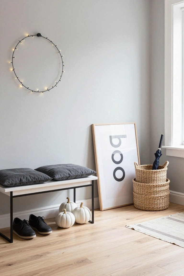 Entryway with gray wall, black lighted circular wreath, leaning white-framed 