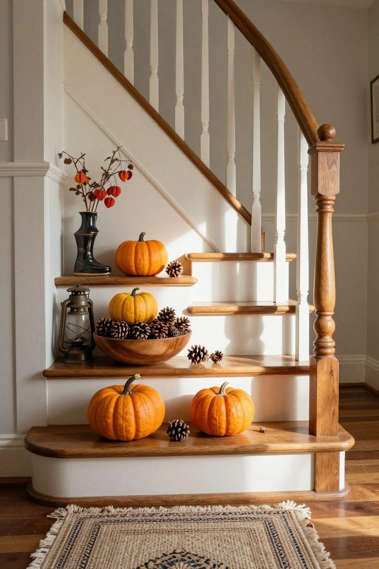 Wooden curved staircase with white spindles in a light entryway, decorated with orange pumpkins of varying sizes on landings and shelves, along with pinecones in a wooden bowl, a metal lantern, and dried orange branches in a vase.