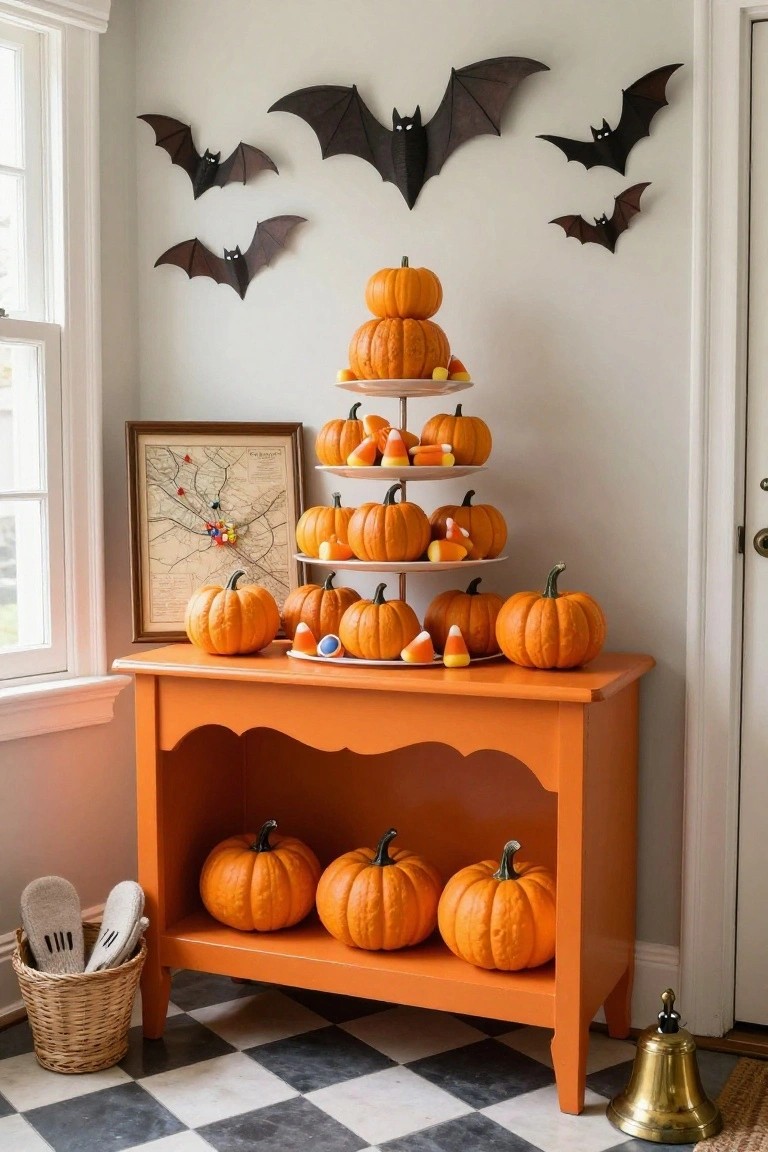 Corner of an entryway with orange console table holding tiered stand of pumpkins and candy corn on top, pumpkins on lower shelf, paper bats on wall, framed map, wicker basket with slippers, checkered floor tile, and brass bell nearby.