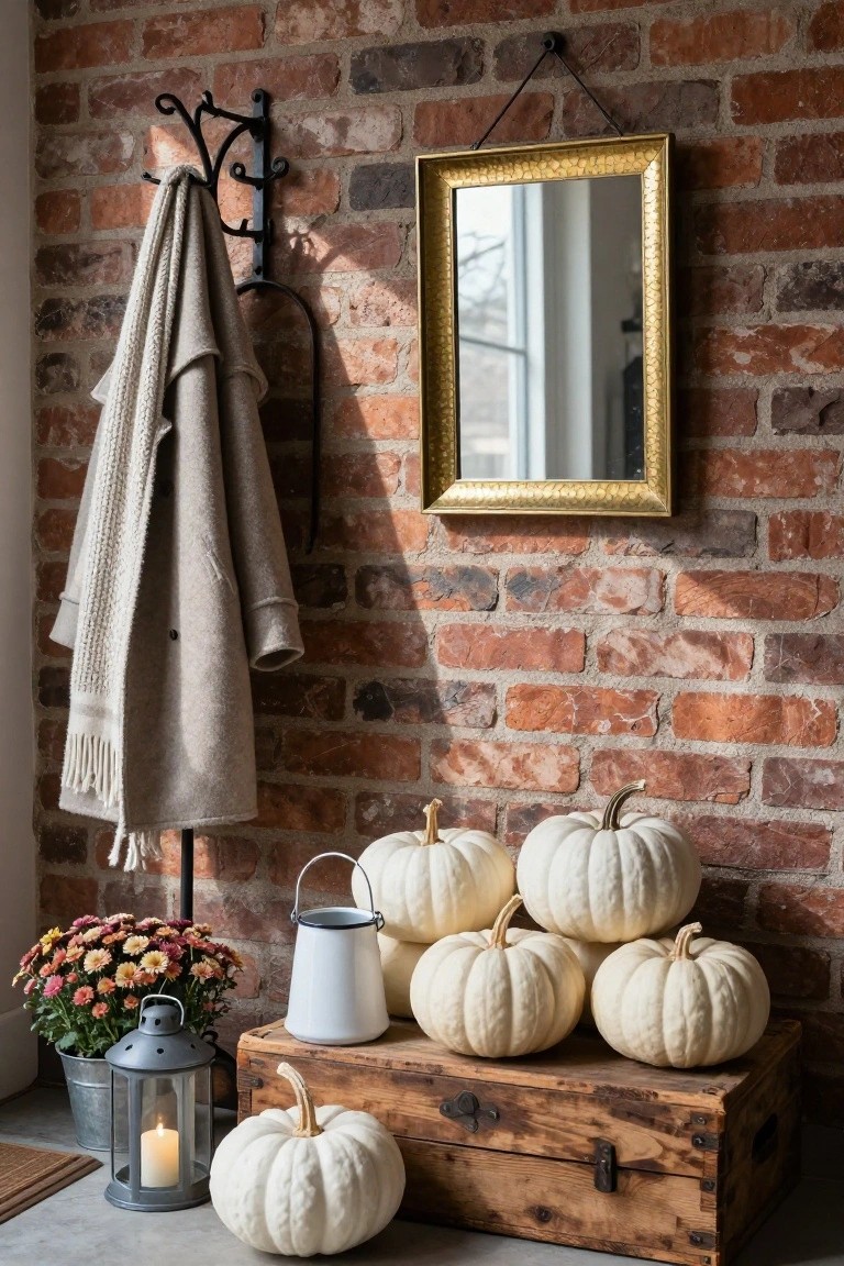 Brick entryway wall with coat rack holding gray coat and scarf, gold-framed mirror, white watering can, cluster of white pumpkins on wooden crate, gray lantern with candle, and potted orange mum flowers on metal bucket.