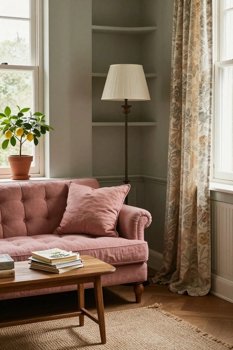 Corner of a living room with blush pink tufted sofa, wooden coffee table holding stacked books, brass floor lamp, potted lemon tree on windowsill, empty corner shelves, floral print curtains on tall window, gray walls, and parquet floor.