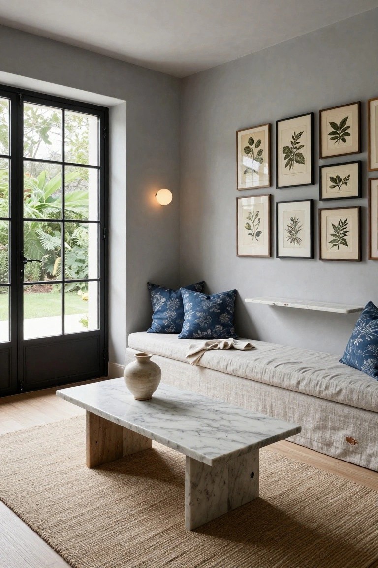 Gray interior room corner with linen-covered built-in banquette under black-framed multi-pane window showing garden, blue patterned cushions, low white marble coffee table with terracotta vase, botanical prints on wall, seagrass rug on wood floor.