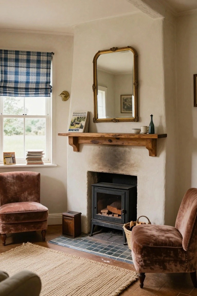Living room corner with stone fireplace containing wood-burning stove, wooden mantel shelf above, two pink velvet armchairs flanking it, blue plaid window shade, and gold-framed mirror on white wall.