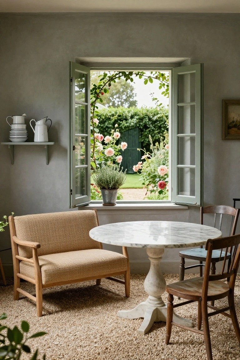 Beige upholstered loveseat positioned under open green casement windows overlooking a rose garden, with round white marble-topped table, wooden chairs, seagrass floor, and shelves holding white enamelware in a light gray room.
