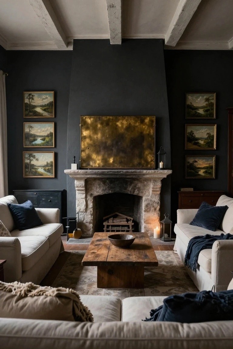 Living room interior with dark charcoal walls, large light stone fireplace as centerpiece, two creamy upholstered sofas facing each other over a wooden coffee table, and gold-framed landscape paintings on the walls.