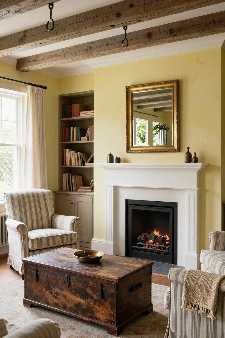 Living room interior with exposed dark wooden ceiling beams, pale yellow walls, white fireplace with gas fire, built-in bookshelves, striped armchairs, wooden trunk coffee table, and gold-framed mirror.