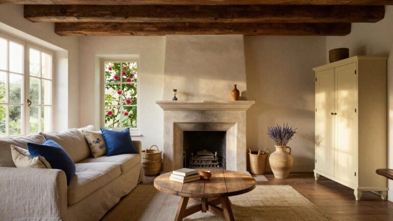 A living room with dark exposed wooden beam ceiling, beige linen sofa with blue pillows, stone fireplace, wooden coffee table holding books and lavender vase, and large window showing garden outside.