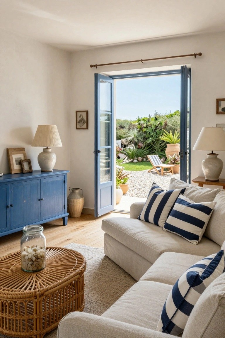 A sunlit living room with a white sofa accented by navy striped pillows, a blue wooden sideboard with lamps and vases, a rattan coffee table, and large open blue French doors showing a garden with plants, gravel paths, and a striped lounge chair.
