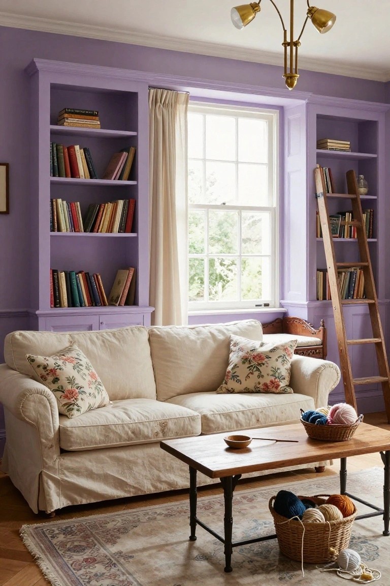 A living room with lavender-painted built-in bookshelves framing a window with white curtains, a cream slipcovered sofa, wooden coffee table with yarn baskets, and a sliding wooden library ladder.