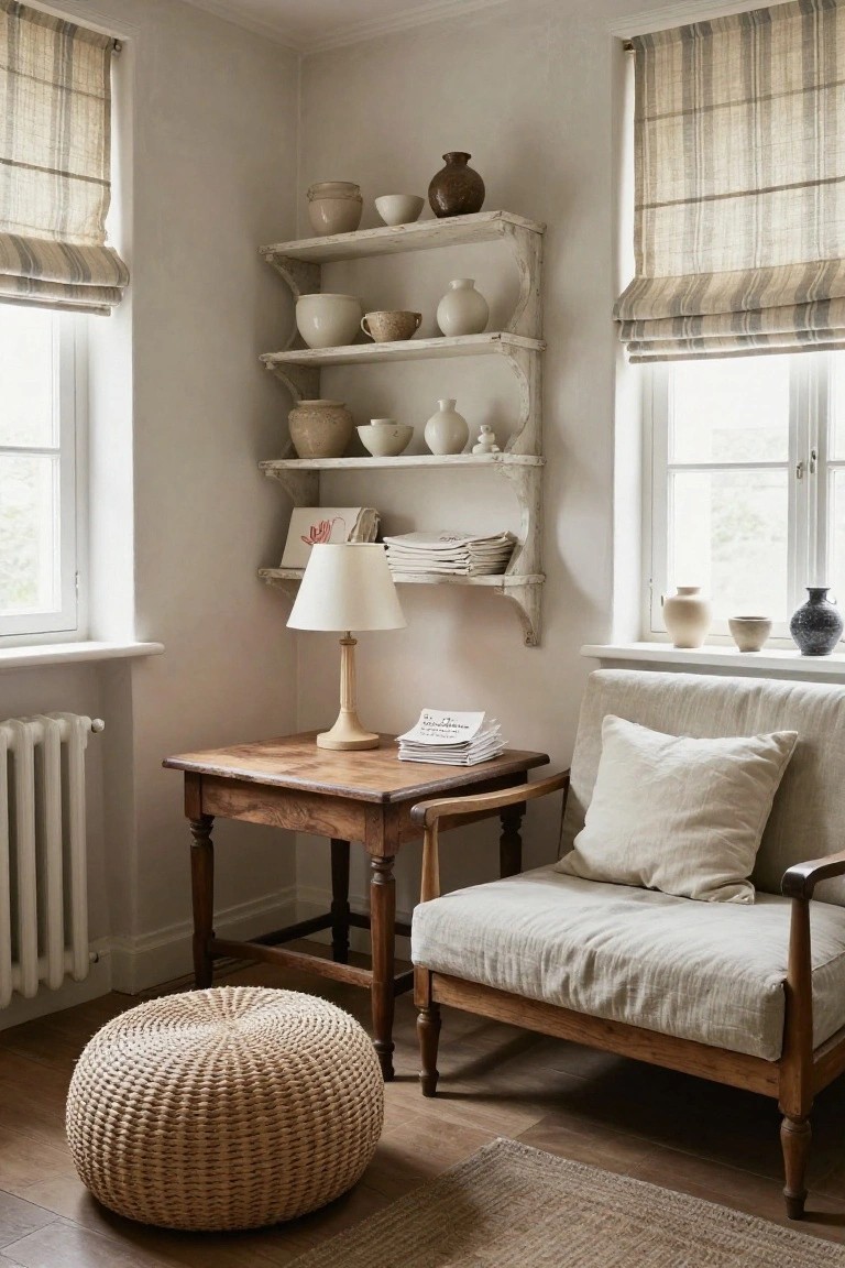 Cozy living room corner featuring whitewashed open shelves displaying assorted ceramic pottery, a wooden side table with lamp and papers, a linen-upholstered armchair, woven pouf, and plaid roman shades on windows.