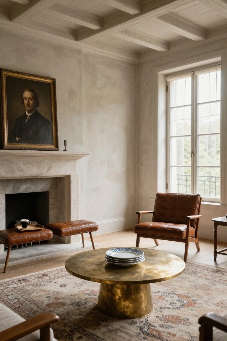 Living room with exposed whitewashed wooden beam ceiling, beige plaster walls, stone fireplace, brown leather armchair and ottomans, brass coffee table on beige rug, antique portrait, and tall windows with outdoor view.