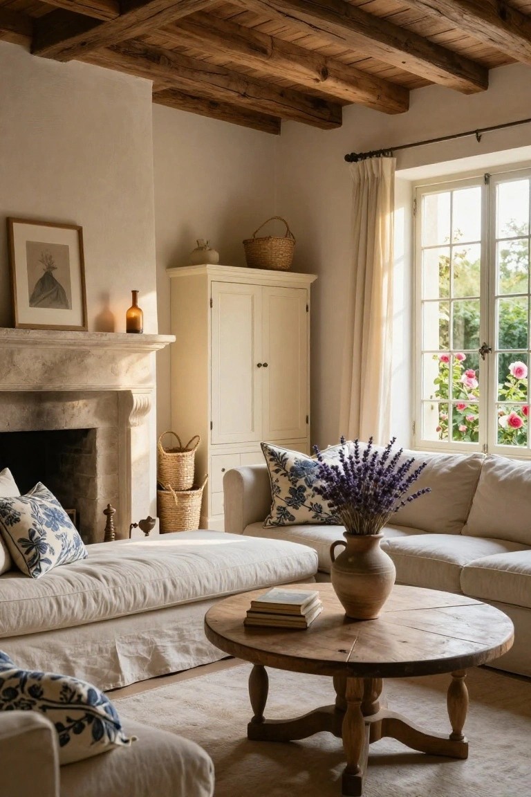 A living room with dark exposed wooden beam ceiling, beige linen sofa with blue pillows, stone fireplace, wooden coffee table holding books and lavender vase, and large window showing garden outside.