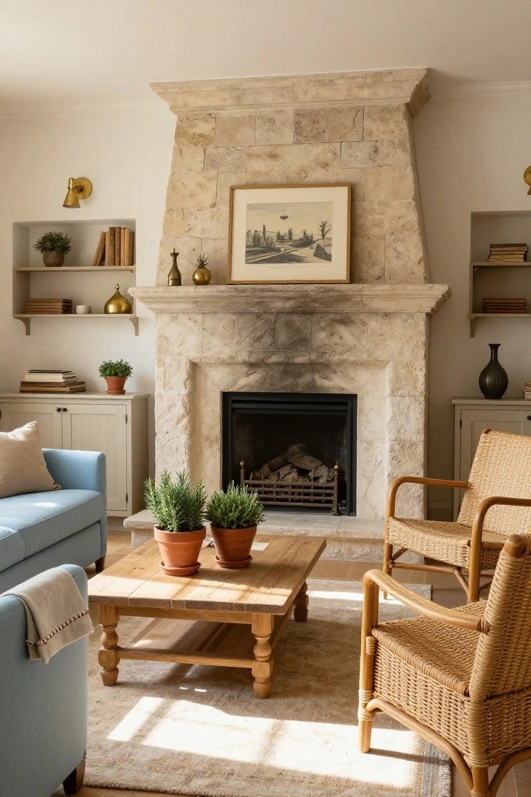 Living room with tall rustic stone fireplace, built-in shelves holding books and decor, blue sofa, wooden coffee table with potted rosemary plants, rattan chairs, and white cabinetry.