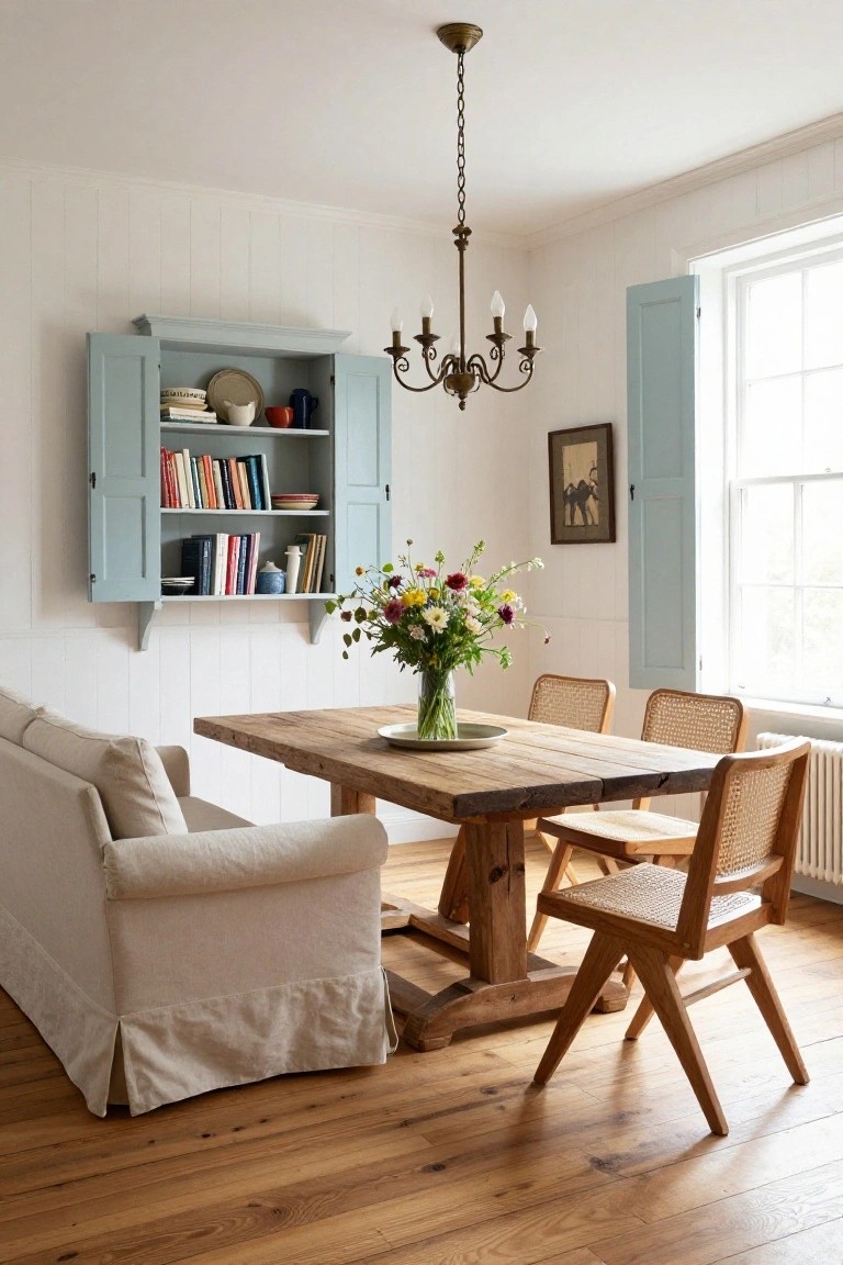 White paneled interior room with a blue open cabinet displaying books, ceramics, and dishes, a central rectangular rustic wooden trestle table with white plates and a vase of flowers, surrounded by rattan and wooden chairs, a beige slipcovered sofa nearby, brass chandelier overhead, and open blue shutters on windows.