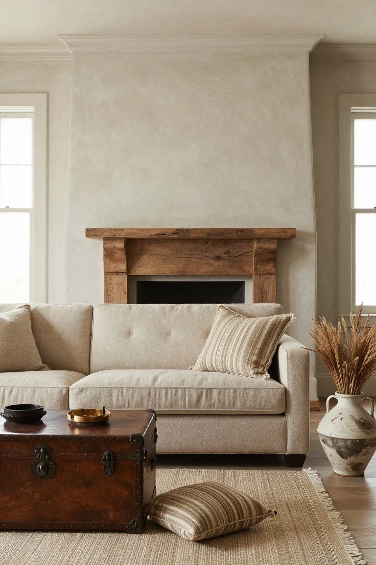 Living room with neutral plaster walls, rustic wood beam fireplace mantel, beige linen sofa with striped pillows, leather trunk coffee table, seagrass rug, potted wheat, and terracotta vase.