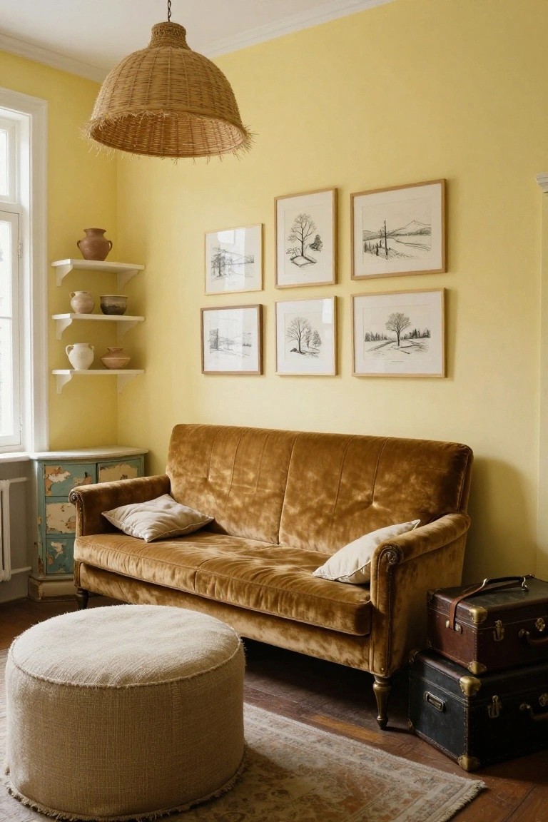 Living room with pale yellow walls, brown velvet tufted sofa with pillows, large rattan pendant light, floating shelves holding pottery, multiple framed ink landscape drawings, blue painted cabinet, white fabric pouf, stacked vintage suitcases, and patterned rug on wood floor.
