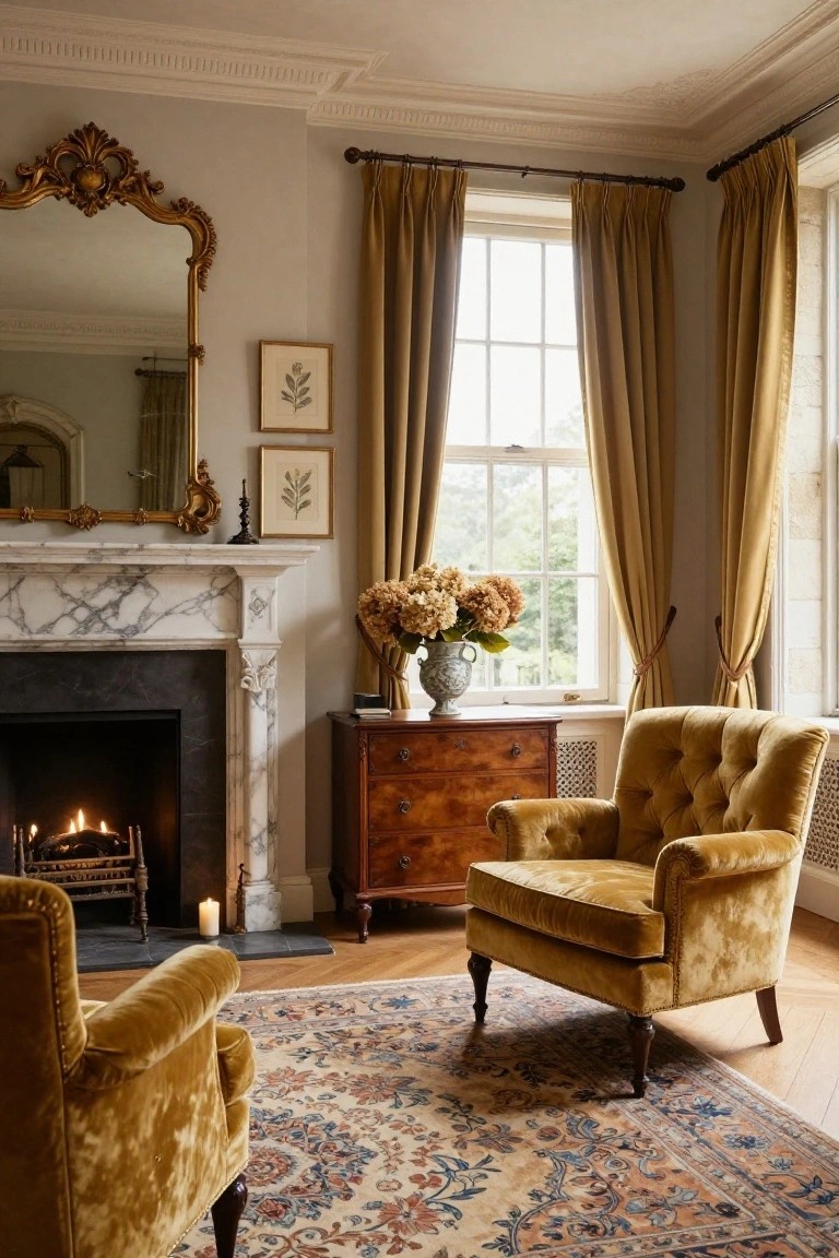 Living room corner with two tufted gold velvet armchairs, marble fireplace with burning logs, wooden chest of drawers holding a vase of hydrangeas, gold-framed mirror, botanical art, and tall windows draped in gold curtains.