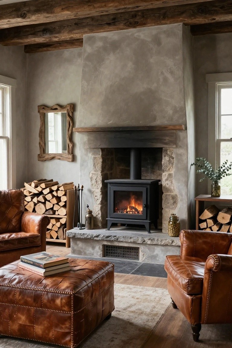 Living room with a black wood-burning stove in a tall stone fireplace surround, firewood stacks on both sides, two brown leather armchairs, a leather ottoman, rustic wooden beams, and light plaster walls.