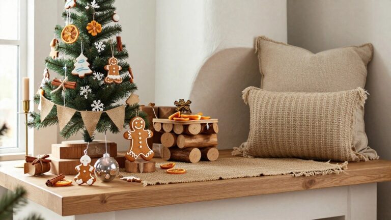 18 Fun Gingerbread Christmas Tree Ideas That Smell as Sweet as They Look Small Christmas tree made of gingerbread cookies, dried oranges, and cinnamon sticks on a wooden mantel above a white fireplace, flanked by brass candlesticks and glass dome, with a beige sofa and firewood below.