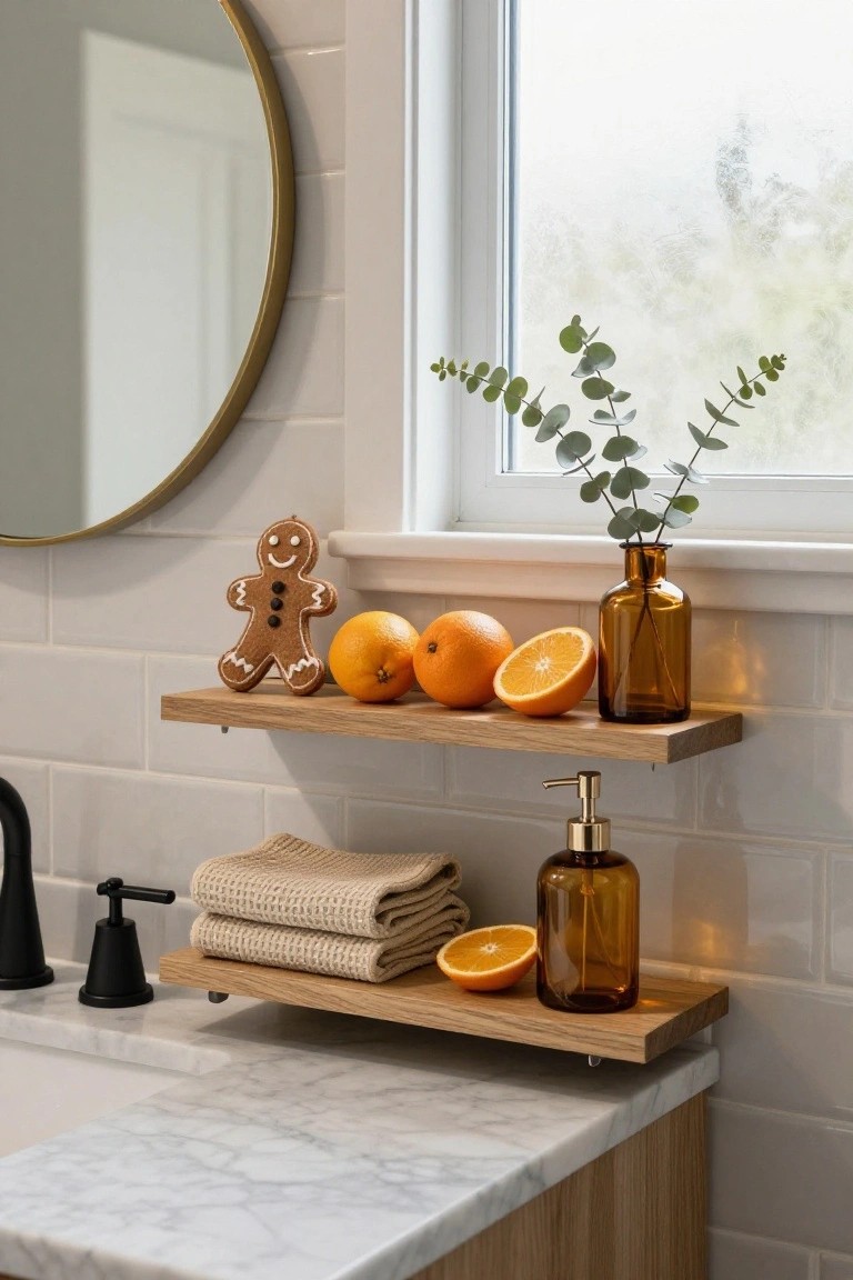 Bathroom vanity with two floating wooden shelves holding a gingerbread man figure, sliced and whole oranges, eucalyptus in a glass bottle vase, stacked towels, and a soap dispenser next to a black faucet on a white marble countertop, gold mirror, and window on white subway tile wall.