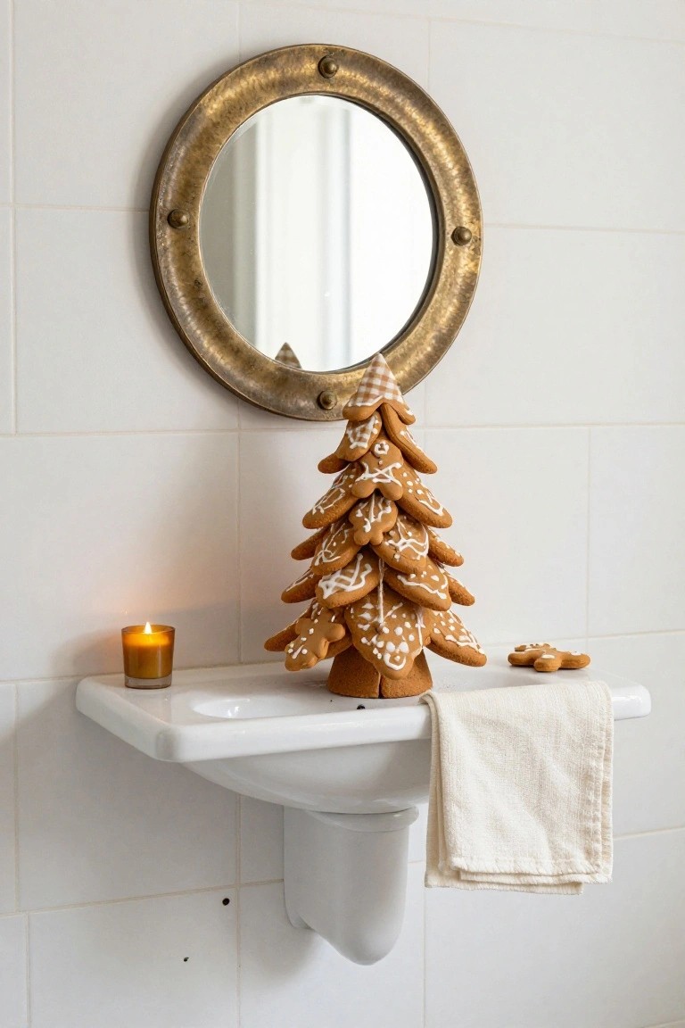Gingerbread Christmas tree on a white bathroom sink next to a lit amber candle, with two gingerbread cookies and a white towel on the edge, below a brass porthole mirror on white tiled walls.