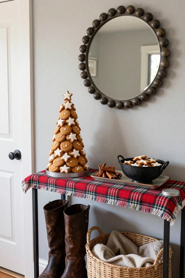 Console table in a light gray hallway entry holds a tall tree sculpture made of stacked round gingerbread cookies topped with a white star, a black bowl of cookies and cinnamon sticks on plaid runner, brown leather boots and wicker basket with blanket below table, round beaded bronze mirror on wall beside white door.
