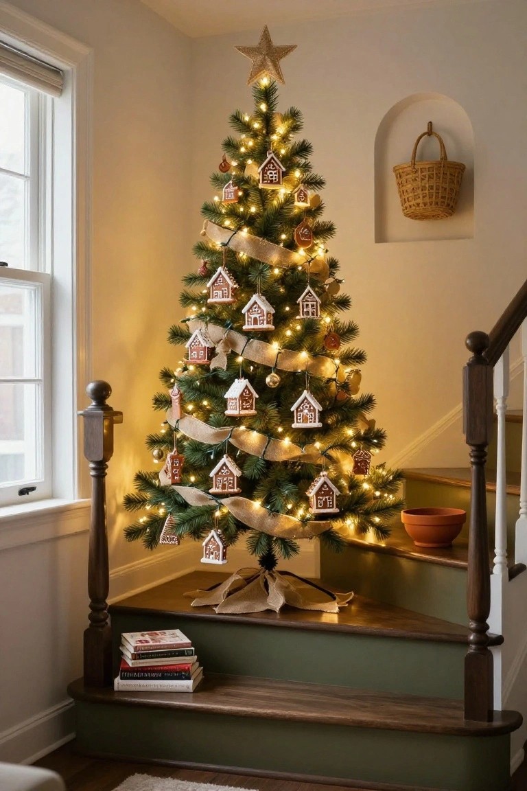 A lit Christmas tree in an indoor room corner decorated with multiple small gingerbread house ornaments, string lights, burlap ribbon, and a gold star topper, positioned near wooden stairs, a window, stacked books, and a woven basket on the wall.