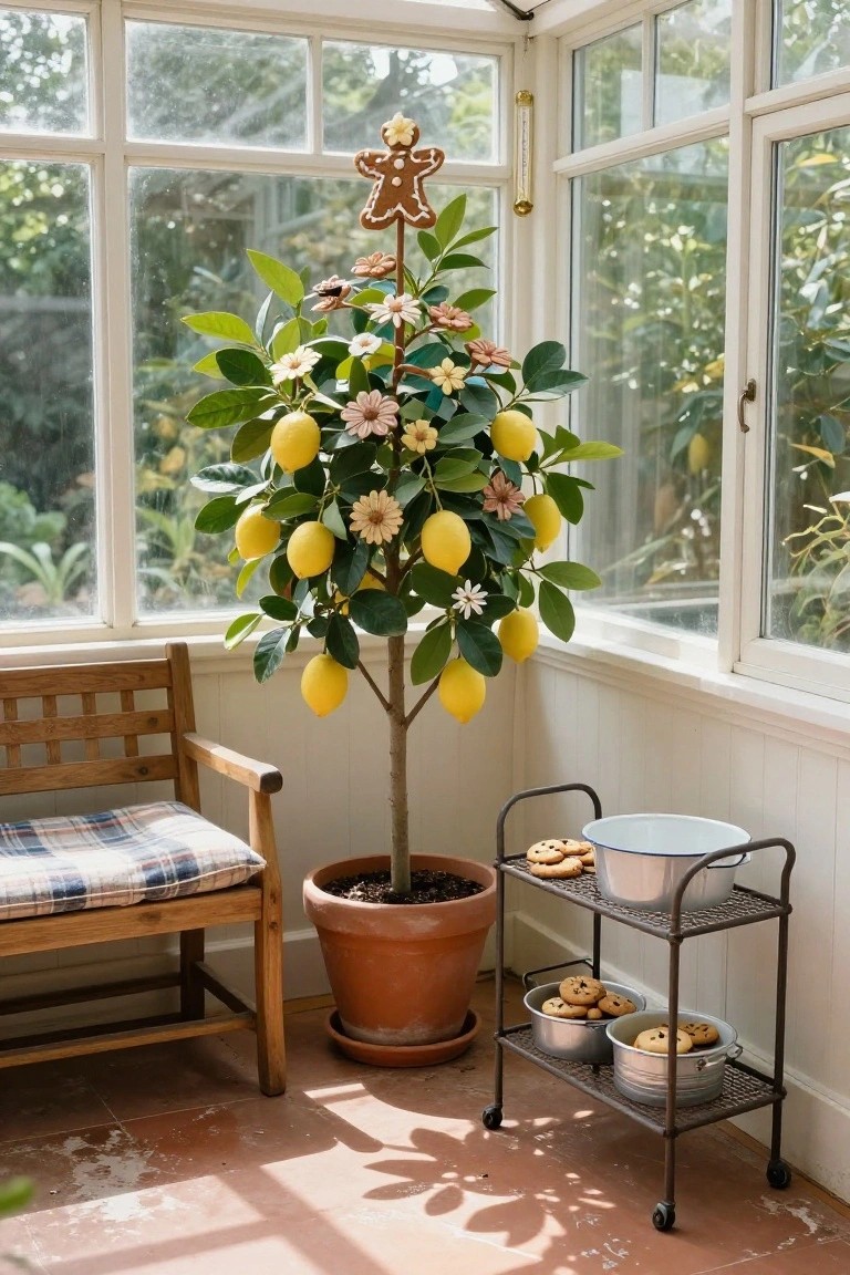 Potted lemon tree decorated with gingerbread cookies, fabric flowers, and a gingerbread man topper in a glass-walled conservatory, next to a wooden bench and metal shelf with bowls of cookies.