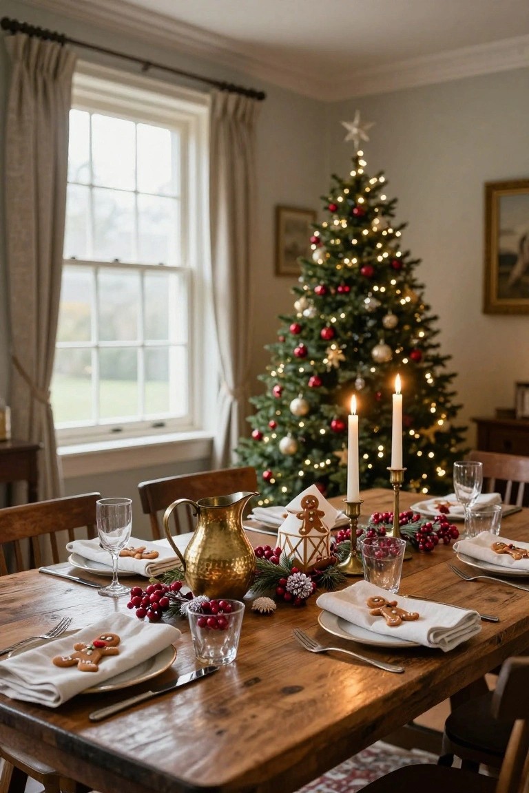 Dining room table set for Christmas with white napkins folded and topped with gingerbread man cookies at each place setting, brass pitcher, candles in holder, holly berries, and a lit evergreen tree in the background.