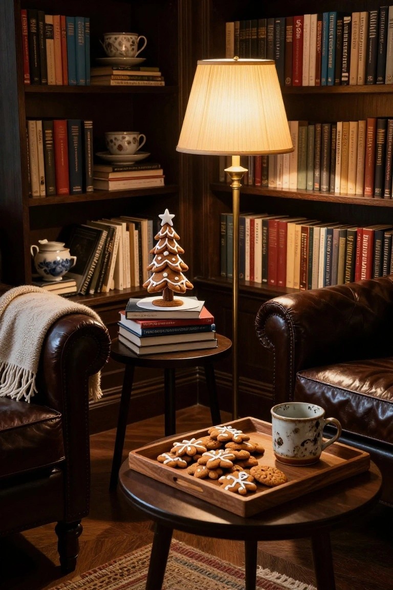 Warmly lit library corner featuring bookshelves filled with books, two leather armchairs with a throw blanket, a side table with stacked books topped by a gingerbread Christmas tree, and a wooden tray holding gingerbread cookies and a teacup.