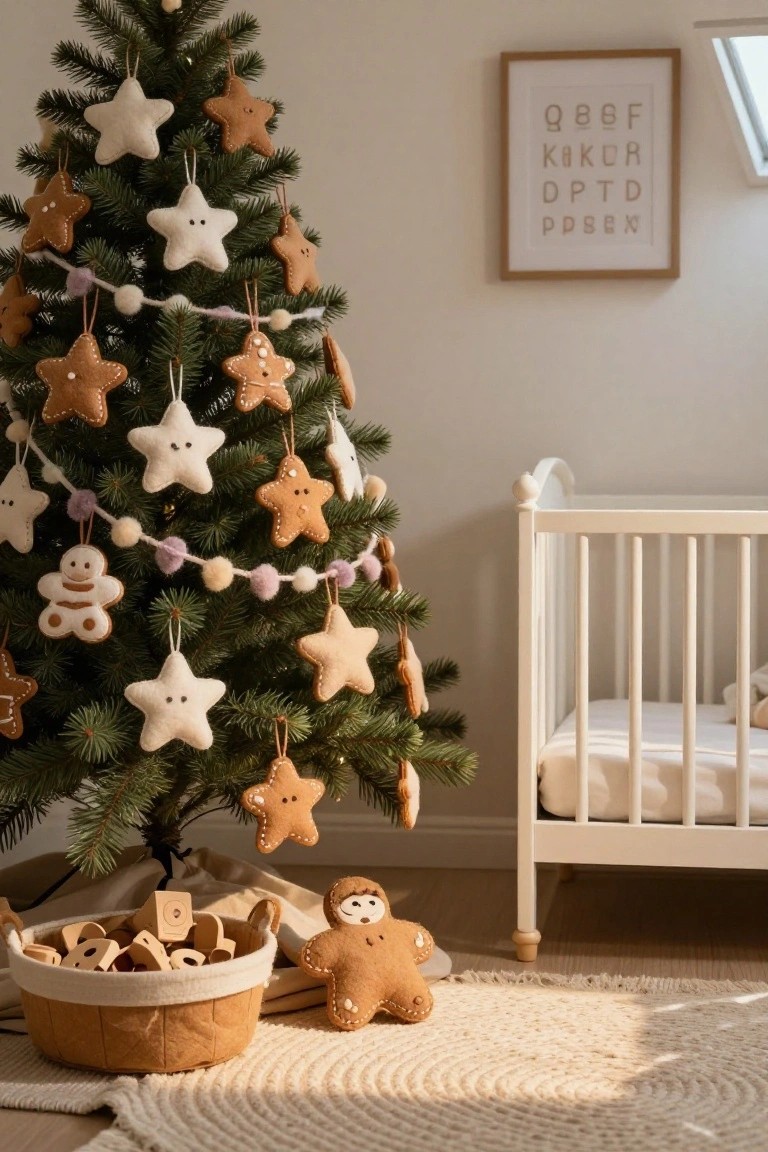 A small decorated Christmas tree with white felt stars, brown felt gingerbread shapes, and purple garlands stands in a light nursery beside a white crib, with a basket of wooden blocks and toy figures on the floor.