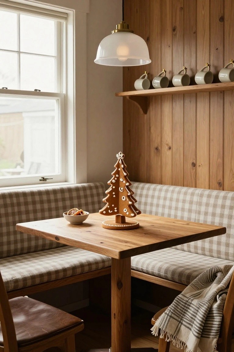 Cozy breakfast nook with wooden table holding a gingerbread Christmas tree centerpiece, checkered bench seating, wooden paneled walls, and shelves displaying ceramic mugs.