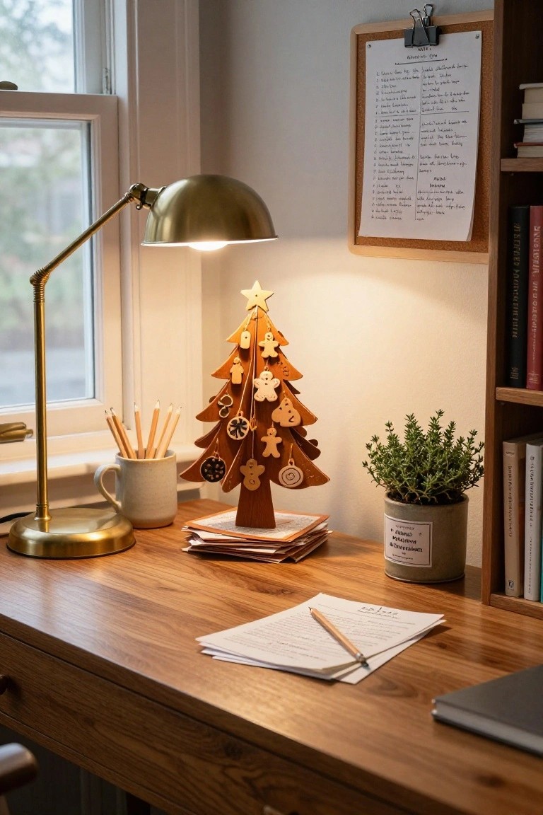 Wooden gingerbread-themed Christmas tree on a wooden desk in a home office with brass lamp, mug, pencils, papers, and plant nearby.