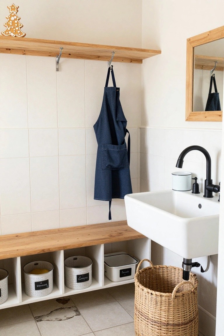 White-tiled laundry room with wooden shelves holding a gingerbread Christmas tree cookie, a hanging blue denim apron, white sink with black faucet, wooden bench with labeled metal bins, and wicker basket on tiled floor.