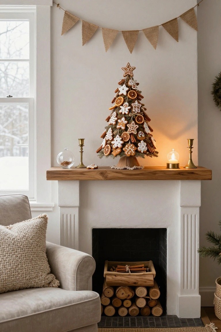 Small Christmas tree made of gingerbread cookies, dried oranges, and cinnamon sticks on a wooden mantel above a white fireplace, flanked by brass candlesticks and glass dome, with a beige sofa and firewood below.