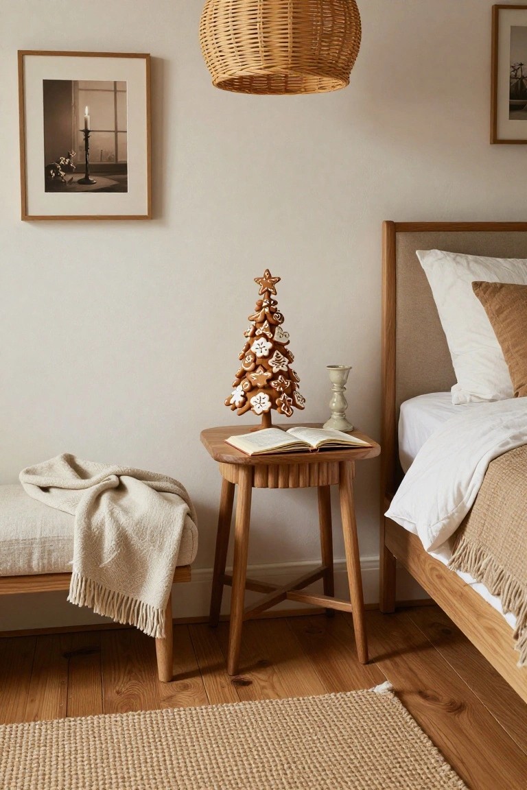 A small gingerbread Christmas tree on a wooden bedside table next to a bed with white and beige linens in a light beige bedroom with oak wood furniture and a woven pendant lamp.