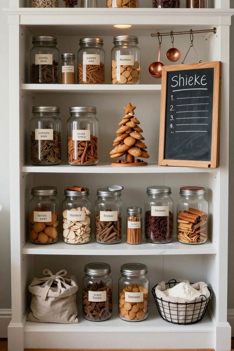 White wooden shelving unit stocked with glass jars of spices like cinnamon sticks and star anise, gingerbread Christmas trees, cookies, hanging copper utensils, and a chalkboard labeled "Shiekeke" with a numbered list.