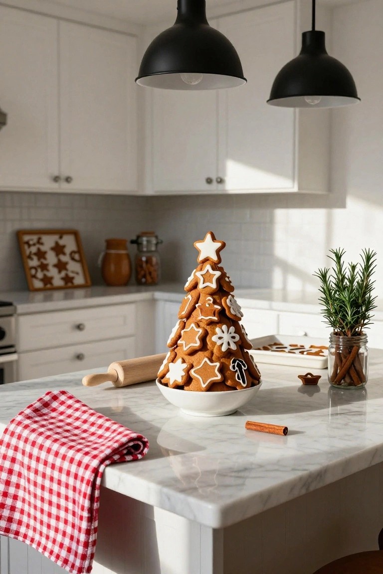 A tall Christmas tree made of stacked gingerbread cookies with white icing stars sits on a white marble kitchen island counter next to a wooden rolling pin, red checkered cloth, and cinnamon stick.