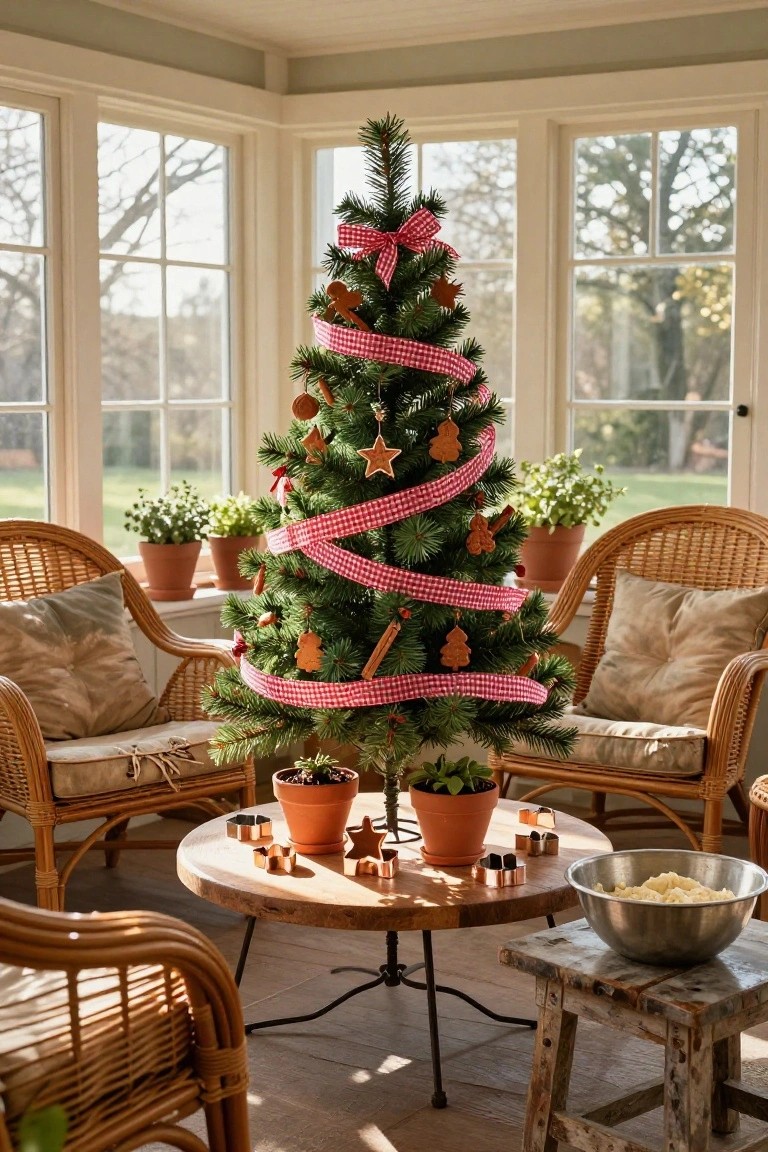 Cozy Christmas tree with gingham ribbon and cookies in sunlit room.