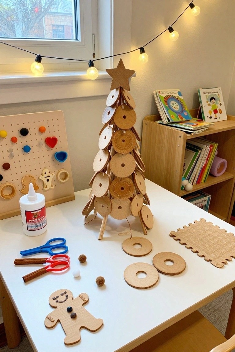 Play table in a children's room with a tall Christmas tree assembled from stacked wooden discs, wooden gingerbread man shapes, cinnamon sticks, pom poms, scissors, glue, and other wooden craft pieces nearby, plus a pegboard wall, bookshelves, and string lights.