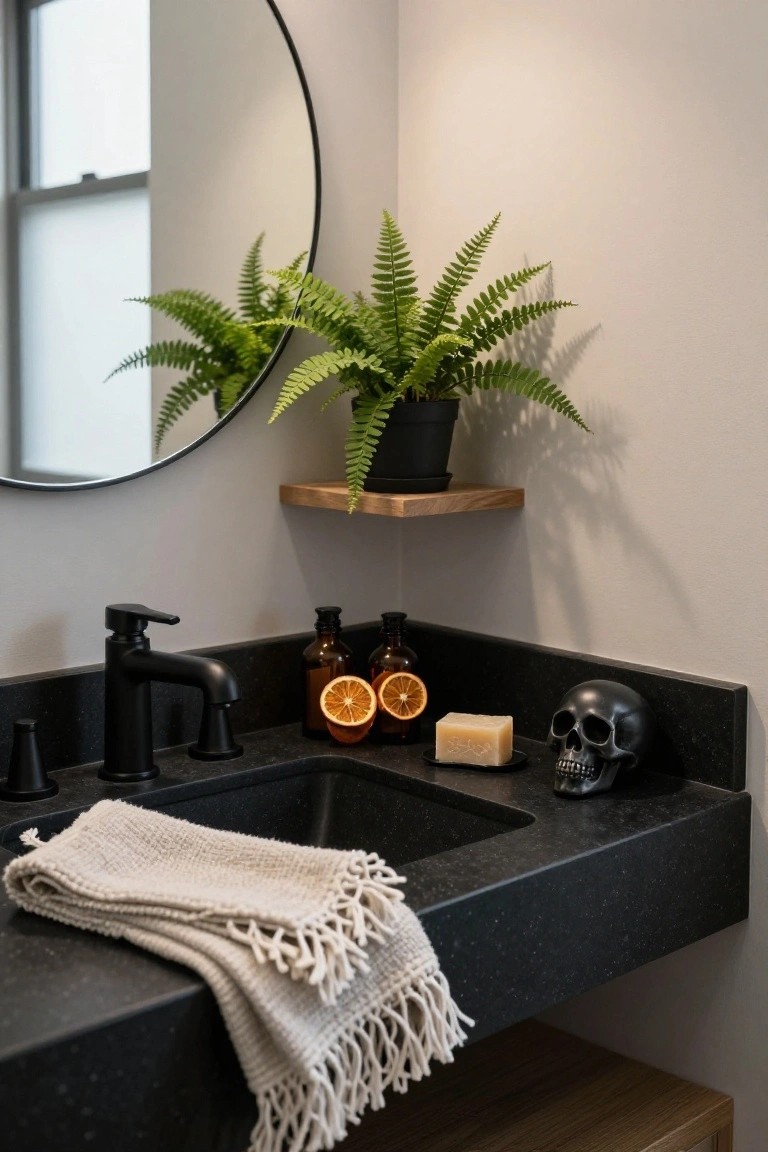 Modern bathroom corner with black countertop sink, matte black faucet and handles, decorative black skull next to soap dish and amber jars with dried orange slices, beige towel draped on edge, round black mirror above, fern plant on wooden shelf, and wooden cabinet below.