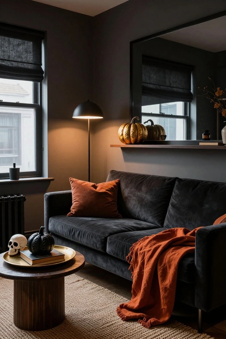 Dark gray living room featuring black velvet L-shaped sofa with orange pillows and throw blanket, wooden coffee table holding white skull, black pumpkin, and books on gold tray, gold pumpkins on wall shelf, floor lamp, and windows with black blinds.