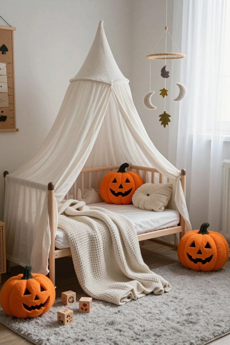 White canopy draped over a wooden toddler crib with plush orange jack-o-lantern pillows on the bed and floor, wooden blocks, and hanging felt moon and leaf mobiles in a light gray nursery room.